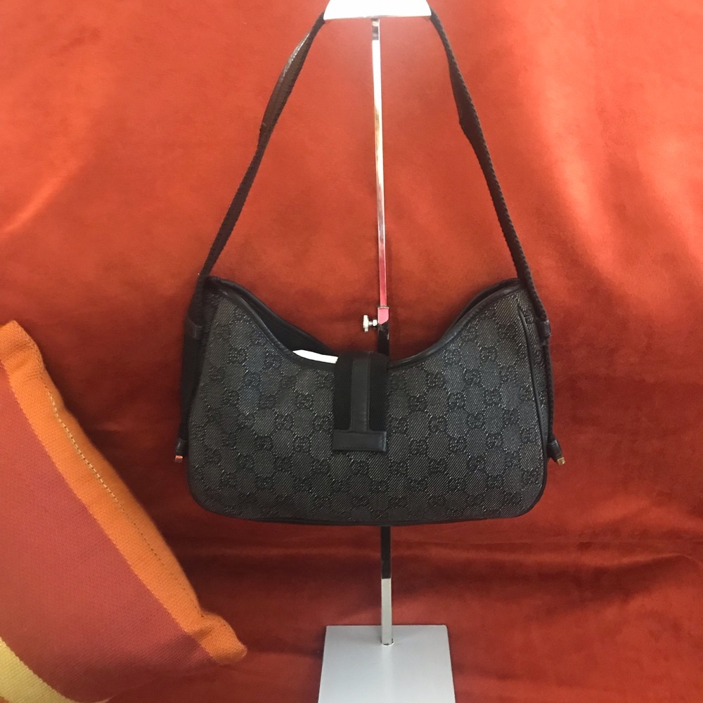 Gucci Jackie GG Denim Canvas Black Leather Trim Shoulder Bag Gold Piston Closure - Picture 2 of 12